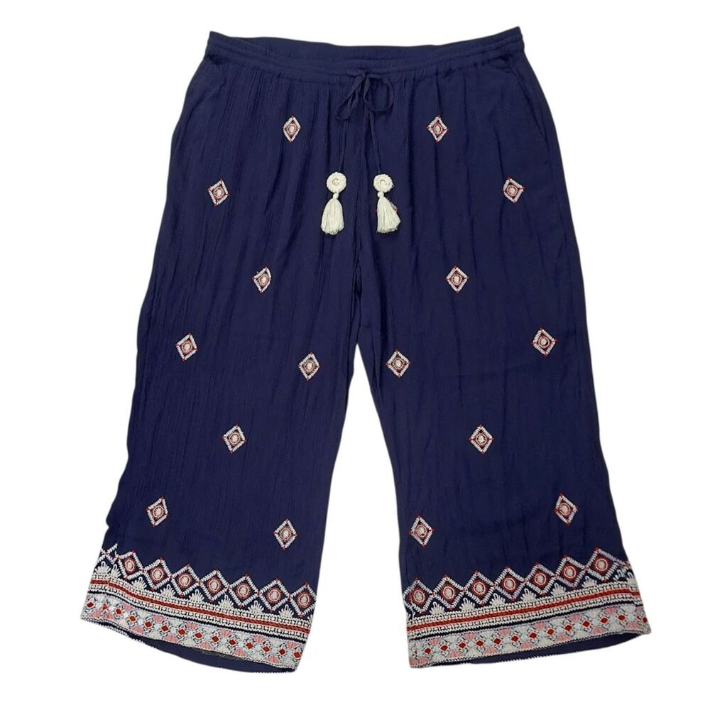 Sundance Niovi Pants Womens PXL Navy Wide Leg Cropped Embroidered Boho Tassel